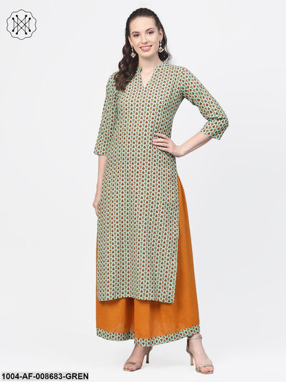 Pastel green Multi Coloured Printed Kurta set with Solid Yellow Skirt