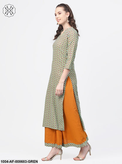 Pastel green Multi Coloured Printed Kurta set with Solid Yellow Skirt