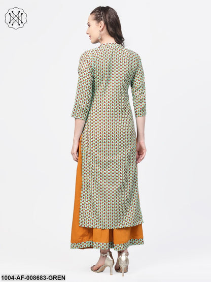 Pastel green Multi Coloured Printed Kurta set with Solid Yellow Skirt