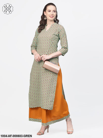 Pastel green Multi Coloured Printed Kurta set with Solid Yellow Skirt