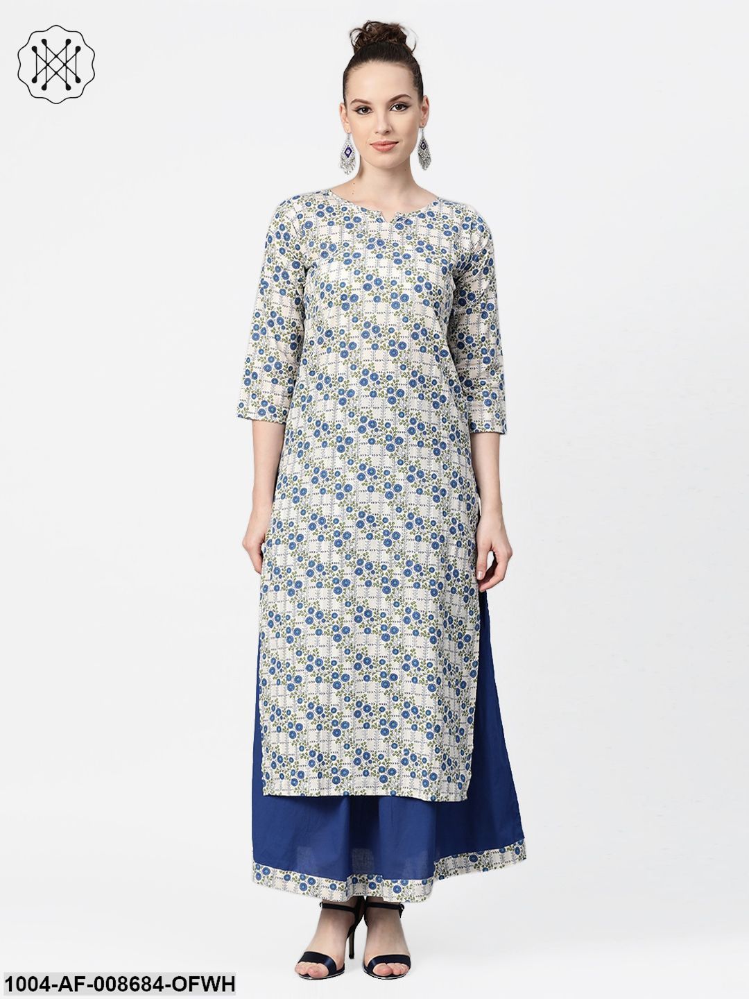 Off-White & Blue gold Floral printed Kurta set with Skirt