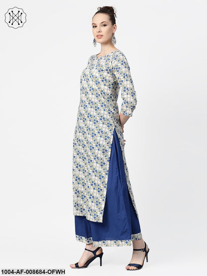 Off-White & Blue gold Floral printed Kurta set with Skirt