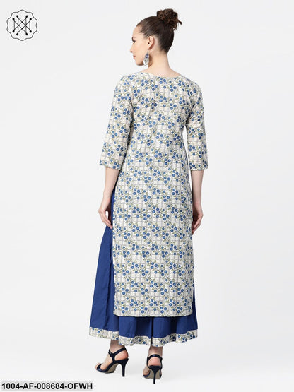 Off-White & Blue gold Floral printed Kurta set with Skirt