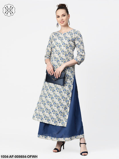 Off-White & Blue gold Floral printed Kurta set with Skirt