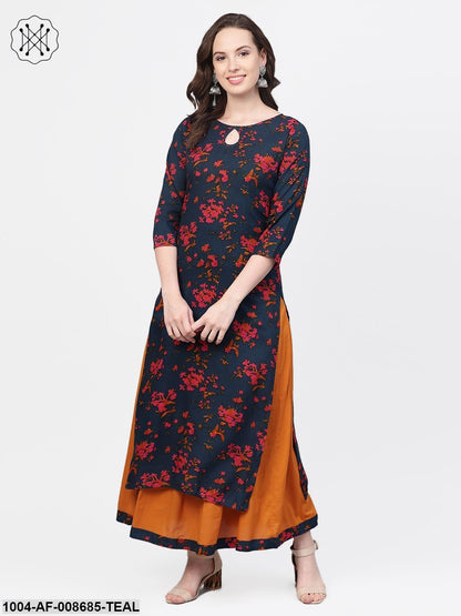 Teal Blue & Yellow Multi Coloured floral printed Kurta set with Skirt