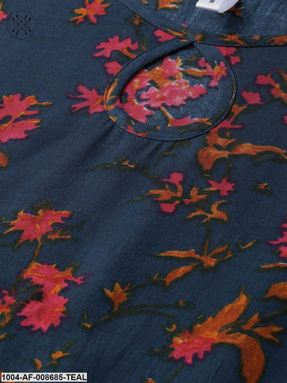 Teal Blue & Yellow Multi Coloured floral printed Kurta set with Skirt