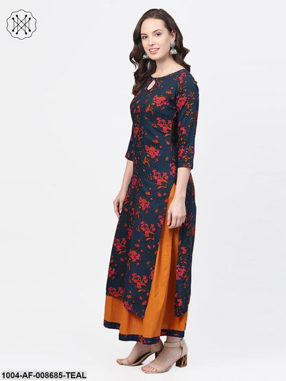 Teal Blue & Yellow Multi Coloured floral printed Kurta set with Skirt