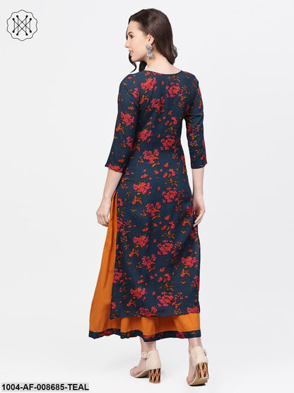 Teal Blue & Yellow Multi Coloured floral printed Kurta set with Skirt