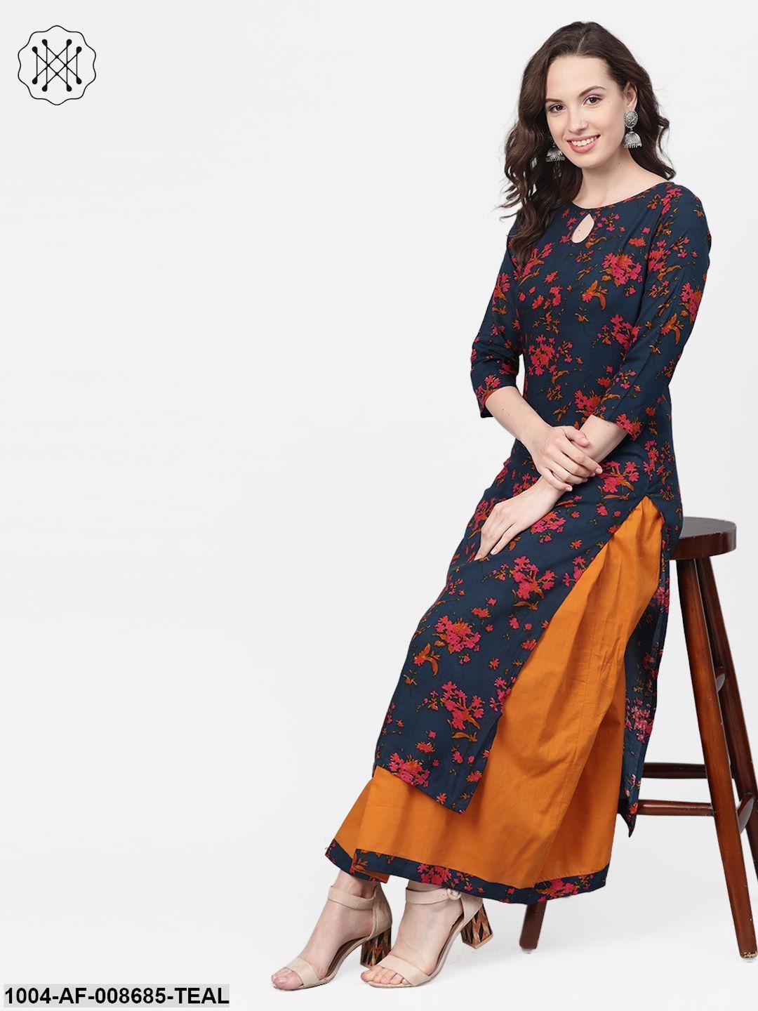 Teal Blue & Yellow Multi Coloured floral printed Kurta set with Skirt
