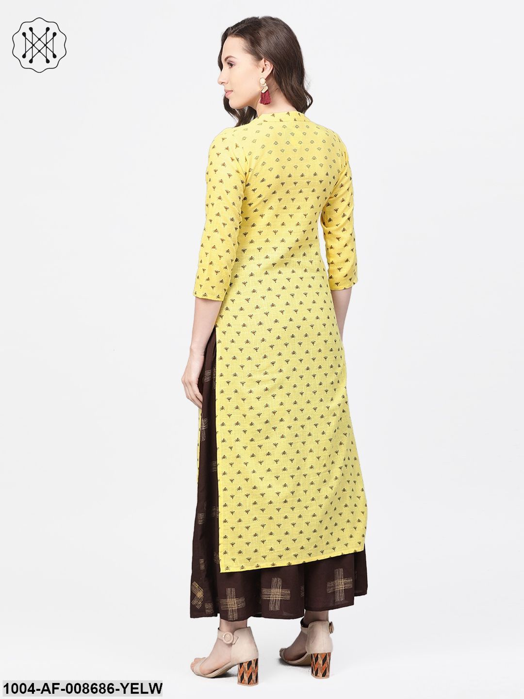 Yellow & dark brown printed Straight Kurta set with Skirt