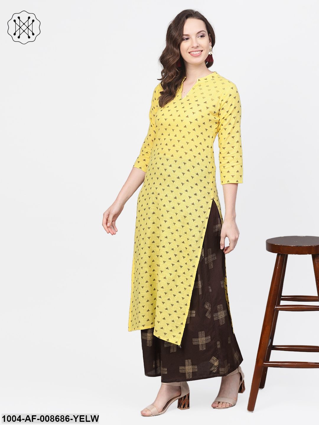 Yellow & dark brown printed Straight Kurta set with Skirt