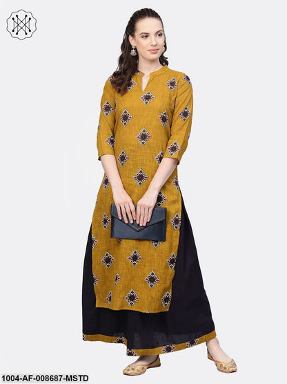 Mustard & Navy blue Straight printed Kurta set with Skirt