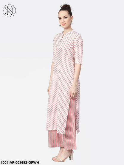Off white & Pink Floral Printed kurta set with striped Palazzo