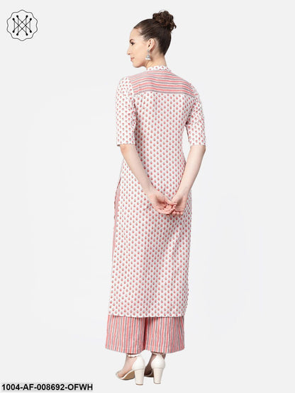 Off white & Pink Floral Printed kurta set with striped Palazzo