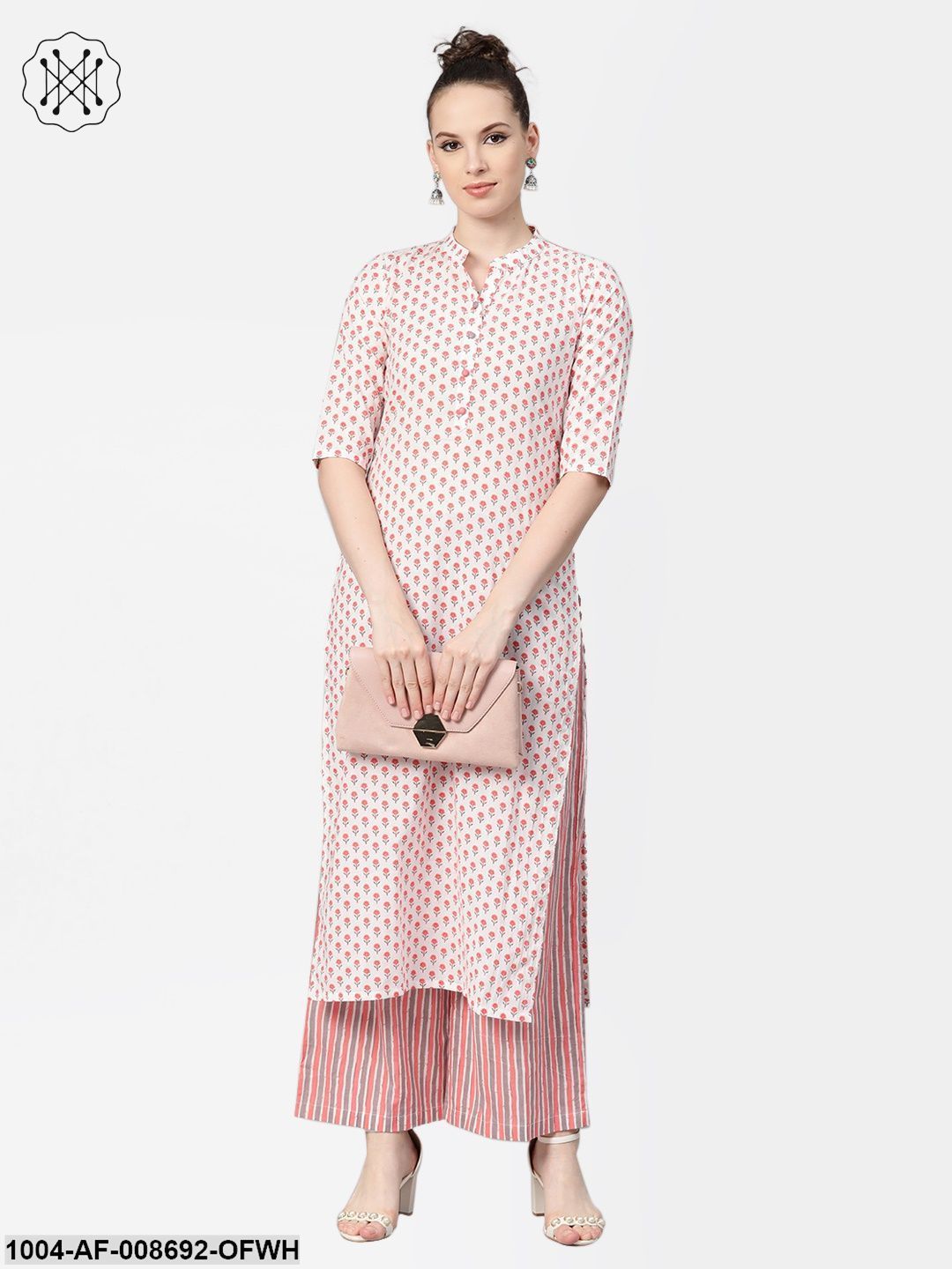 Off white & Pink Floral Printed kurta set with striped Palazzo
