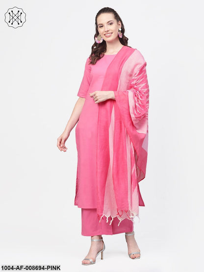 Pink Straight kurta set with Palazzo & Ikat dupatta