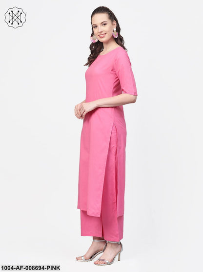 Pink Straight kurta set with Palazzo & Ikat dupatta