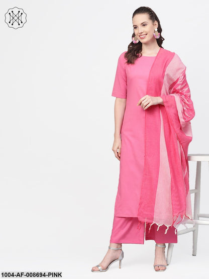 Pink Straight kurta set with Palazzo & Ikat dupatta