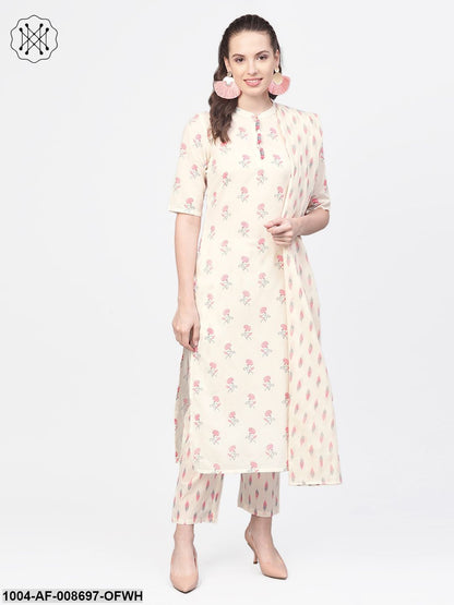 off white & pink floral printed kurta with Ikkat printed palazzos & dupatta