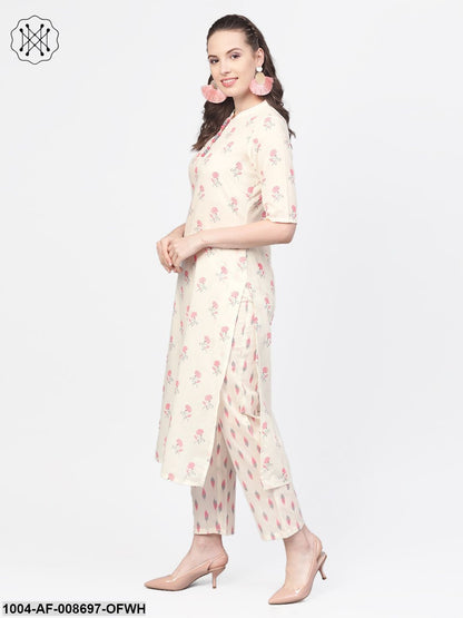 off white & pink floral printed kurta with Ikkat printed palazzos & dupatta