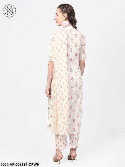 off white & pink floral printed kurta with Ikkat printed palazzos & dupatta