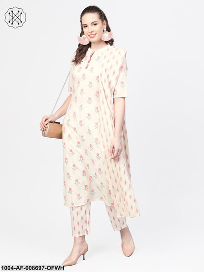 off white & pink floral printed kurta with Ikkat printed palazzos & dupatta