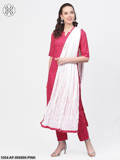 Rani Pink Leheriya printed kurta & palazzos with solid off white crinkled dupatta
