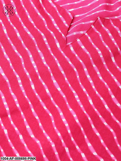 Rani Pink Leheriya printed kurta & palazzos with solid off white crinkled dupatta