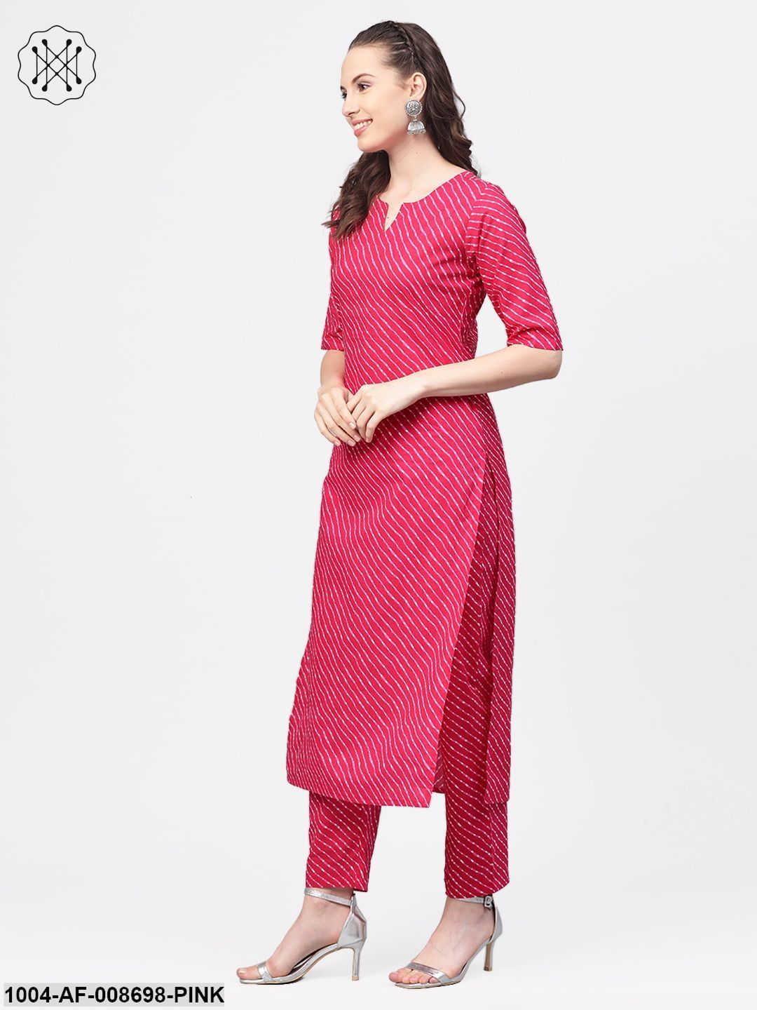 Rani Pink Leheriya printed kurta & palazzos with solid off white crinkled dupatta