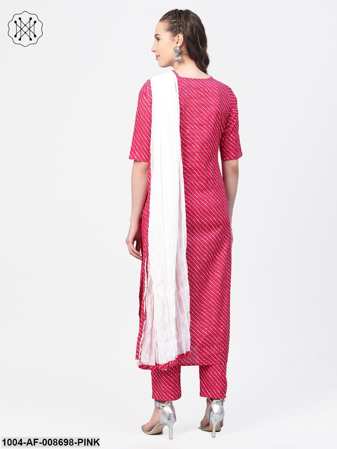 Rani Pink Leheriya printed kurta & palazzos with solid off white crinkled dupatta