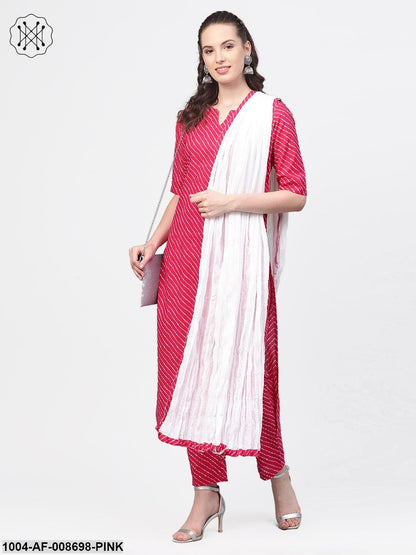 Rani Pink Leheriya printed kurta & palazzos with solid off white crinkled dupatta