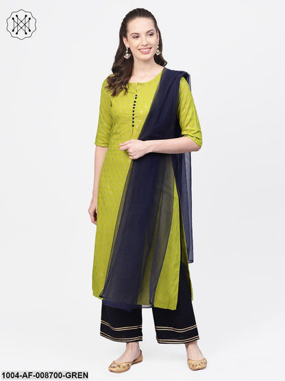 Green gold Printed Straight Kurta set with Navy Blue Palazzo & Net dupatta