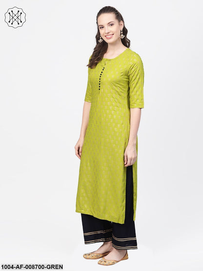 Green gold Printed Straight Kurta set with Navy Blue Palazzo & Net dupatta