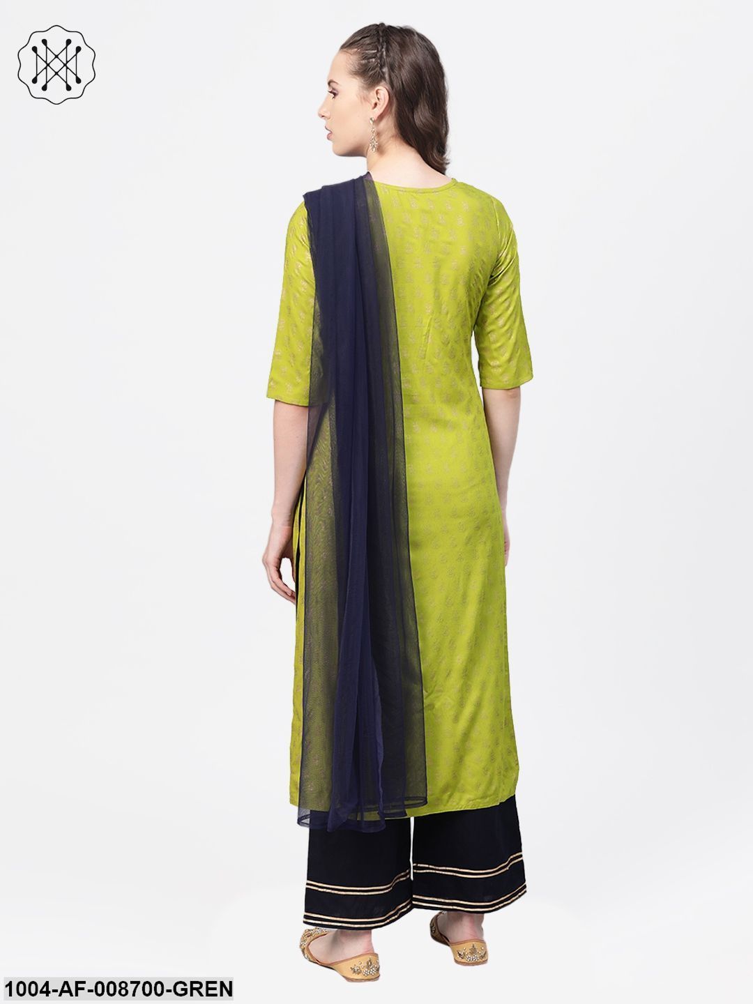 Green gold Printed Straight Kurta set with Navy Blue Palazzo & Net dupatta