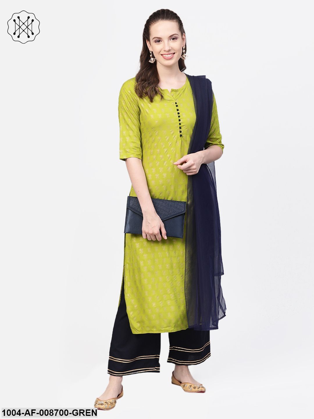Green gold Printed Straight Kurta set with Navy Blue Palazzo & Net dupatta