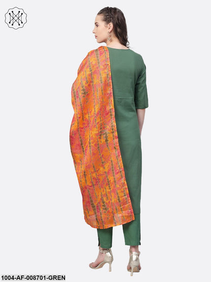 Solid Green Straight Kurta set with Pants & Multi coloured Dupatta