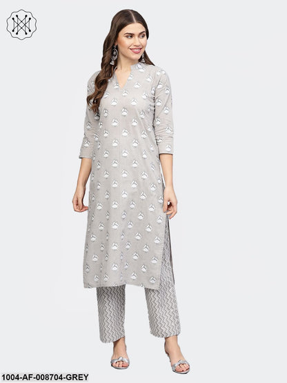Grey printed 3/4th sleeve kurta with Zig-Zag printed Trouser