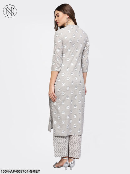 Grey printed 3/4th sleeve kurta with Zig-Zag printed Trouser