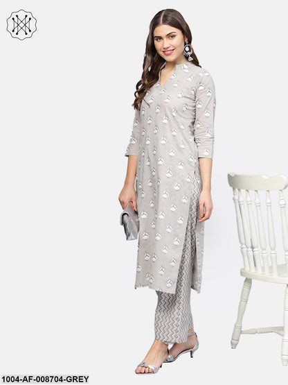 Grey printed 3/4th sleeve kurta with Zig-Zag printed Trouser