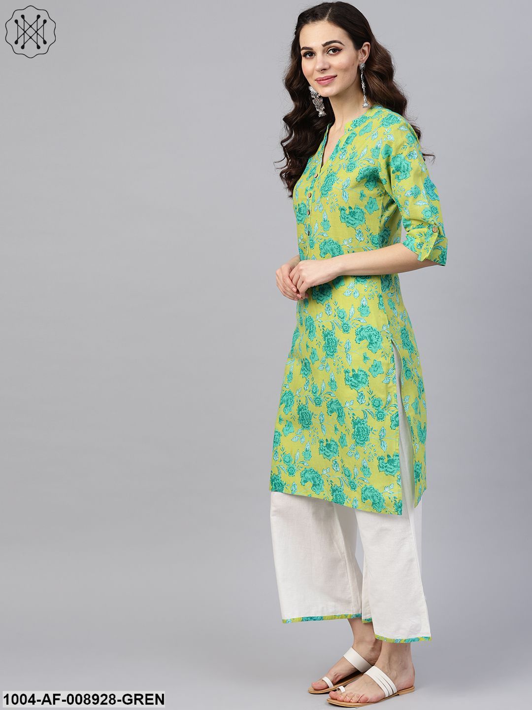 Fluorescent Green & Blue Floral Printed Kurta Set With White Palazzo With Print Detailing