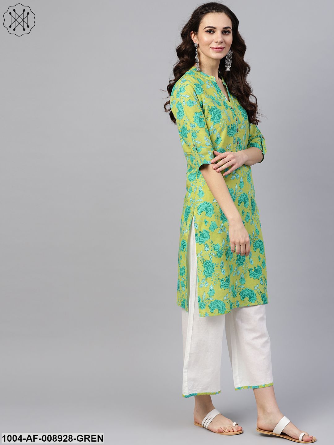 Fluorescent Green & Blue Floral Printed Kurta Set With White Palazzo With Print Detailing