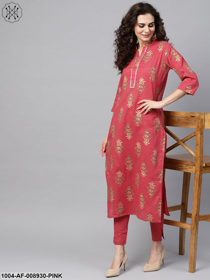 Pink Gold Printed Straight Kurta Set & Pants Embellished With Got to