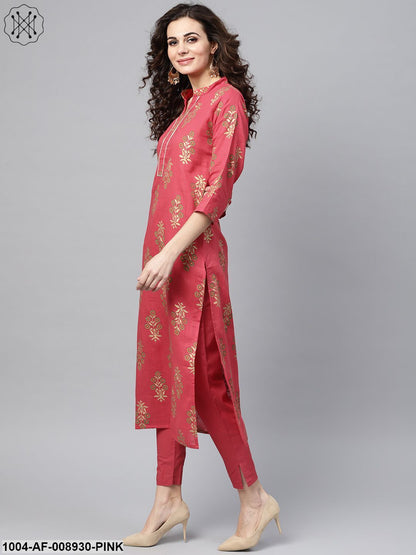 Pink Gold Printed Straight Kurta Set & Pants Embellished With Got to