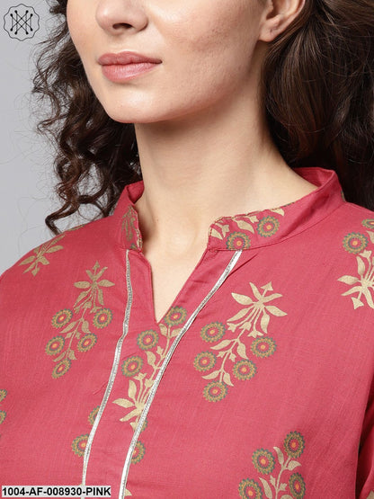 Pink Gold Printed Straight Kurta Set & Pants Embellished With Got to