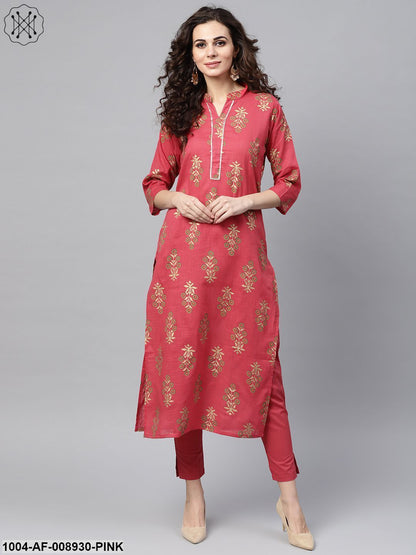 Pink Gold Printed Straight Kurta Set & Pants Embellished With Got to