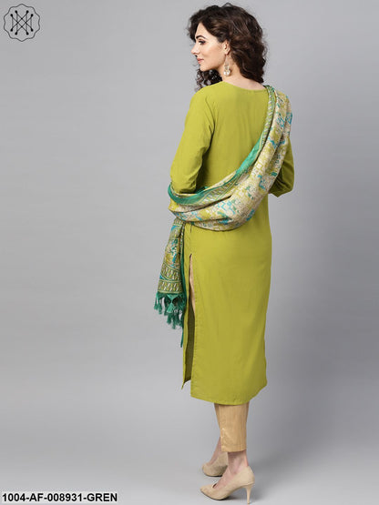 Solid Green Kurta Set With Beige Pant & Bhagalpur Printed Dupatta