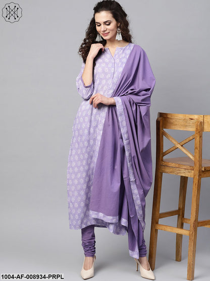 Purple & White Printed Straight Kurta Set With Solid Churidar & Mull Dupatta