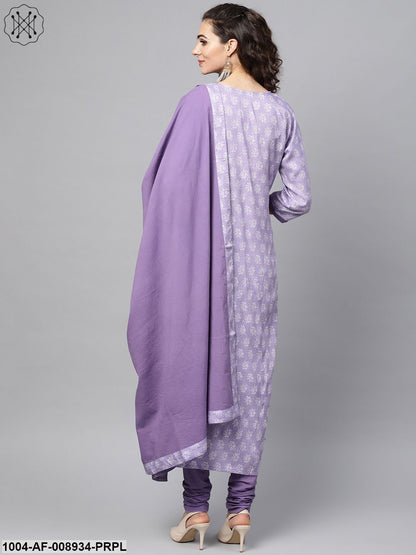 Purple & White Printed Straight Kurta Set With Solid Churidar & Mull Dupatta