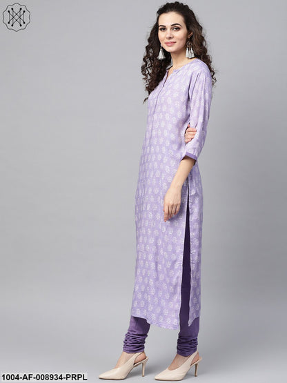 Purple & White Printed Straight Kurta Set With Solid Churidar & Mull Dupatta