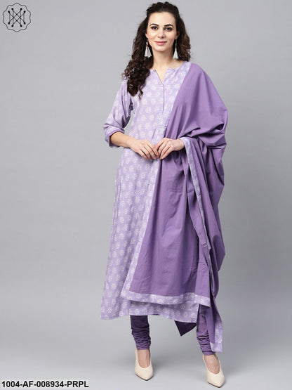 Purple & White Printed Straight Kurta Set With Solid Churidar & Mull Dupatta